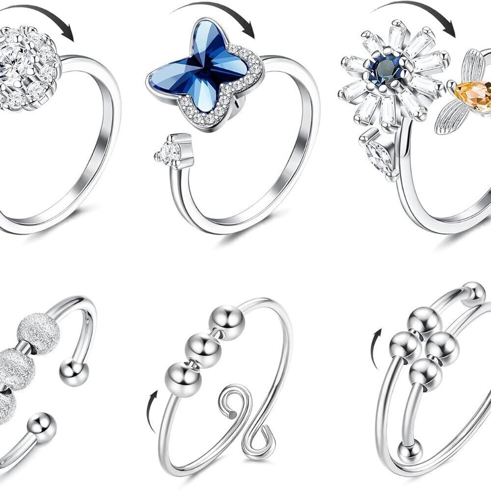 Fidget Anxiety Rings Women Adjustable Copper Zirconia Stackable Stress Relief